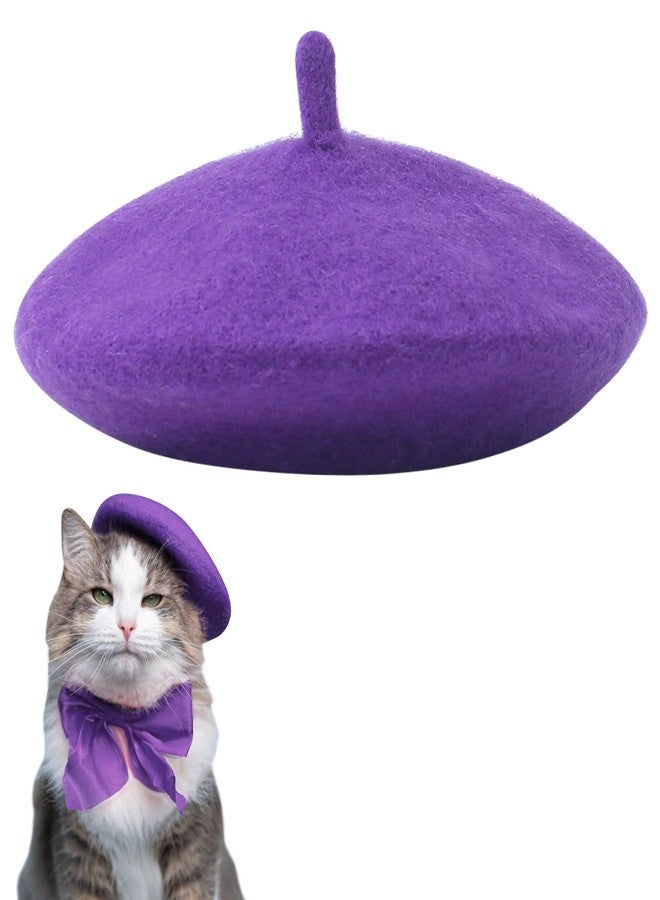 Marsrut Dog Beret for Small Dogs Cat Doll, Colorful Wool Mini Cap Creative Accessories Costume French Mushroom Artist Fedora Hat Beanies Solid Color Pet Headwear Christmas Hair Accessory Photo Props (Purple) - Image 1